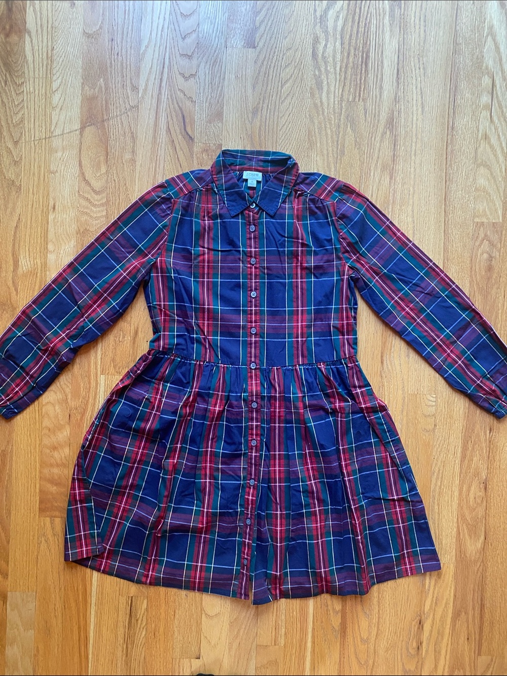 J. Crew Navy, Red and Green Plaid Button-Front Shirt Dress